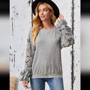 Emery Rose Drop Shoulder Lace Shirt, Gray XXL